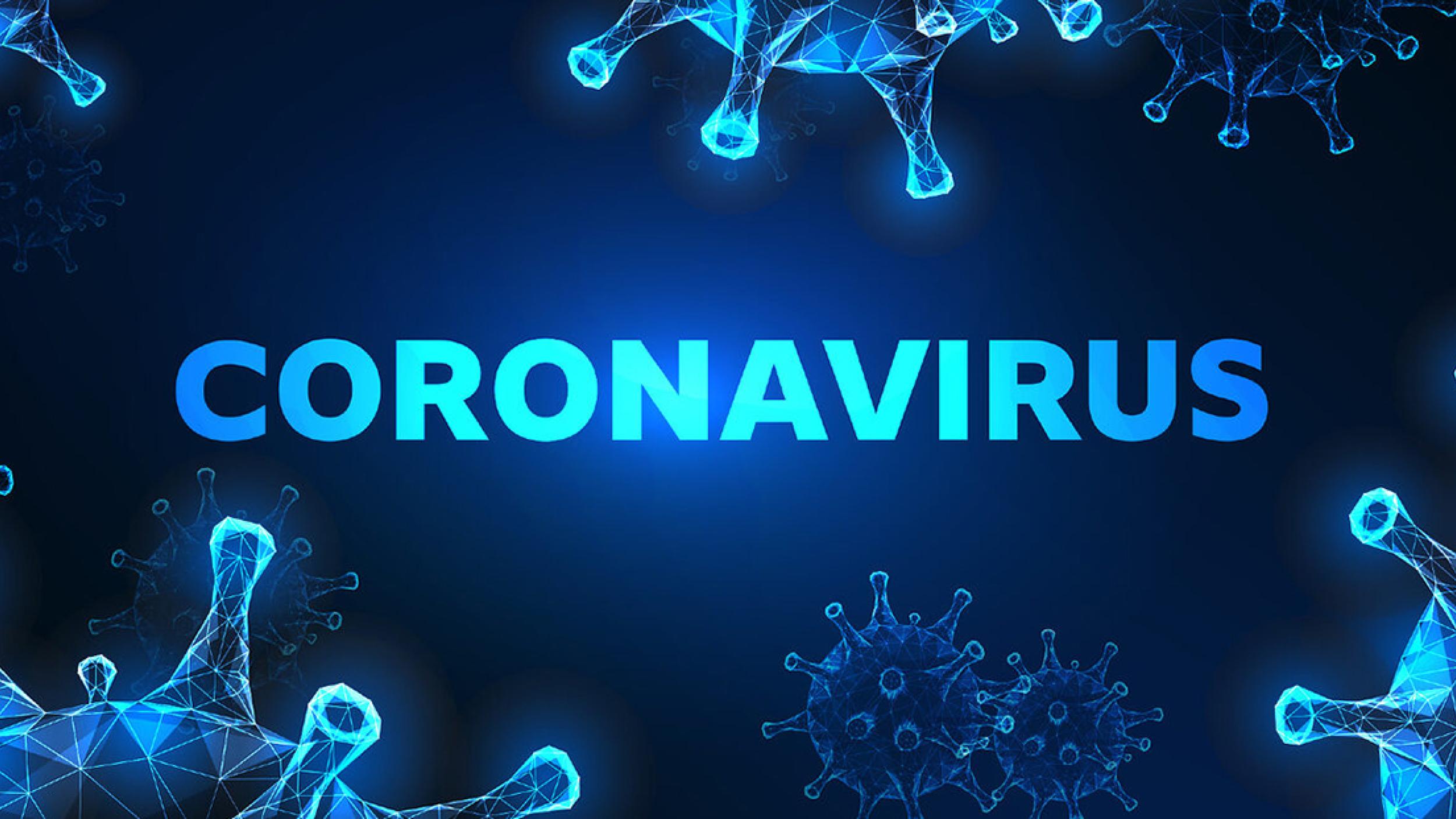 Titelbild mit Schriftzug "CORONAVIRUS" und Bakterienillustrationen